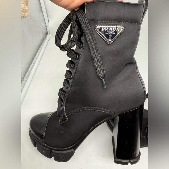 Prada Black Leather/ Re-Nylon Metal Triangle Logo 110mm Ankle Boots EU 38.5 - Picture 15 of 15